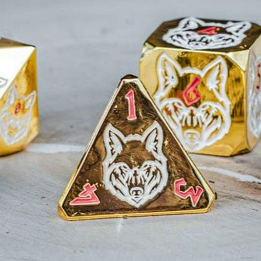 Wolves' Den Red, White, and Gold Metal Dice Set