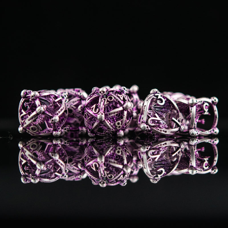 Load image into Gallery viewer, Draco Immortui Hollow Metal Dice Set - Purple and Silver
