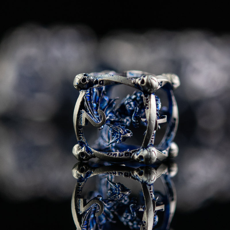 Load image into Gallery viewer, Draco Immortui Hollow Metal Dice Set - Blue and Silver
