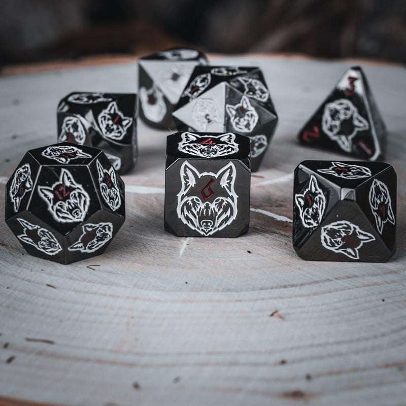 Load image into Gallery viewer, Wolves&#39; Den White, Red, and Black Metal Dice Set
