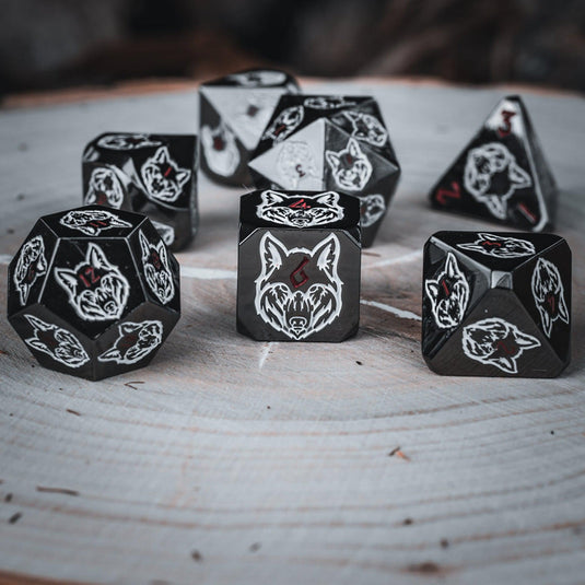 Wolves' Den White, Red, and Black Metal Dice Set