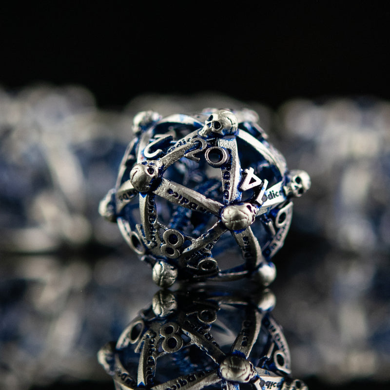 Load image into Gallery viewer, Draco Immortui Hollow Metal Dice Set - Blue and Silver
