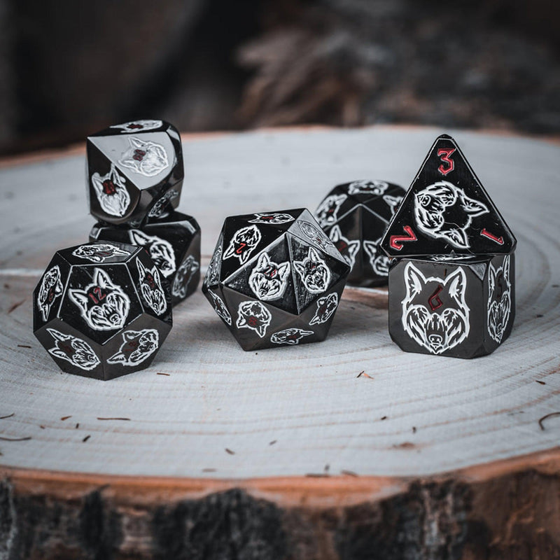 Load image into Gallery viewer, Wolves&#39; Den White, Red, and Black Metal Dice Set
