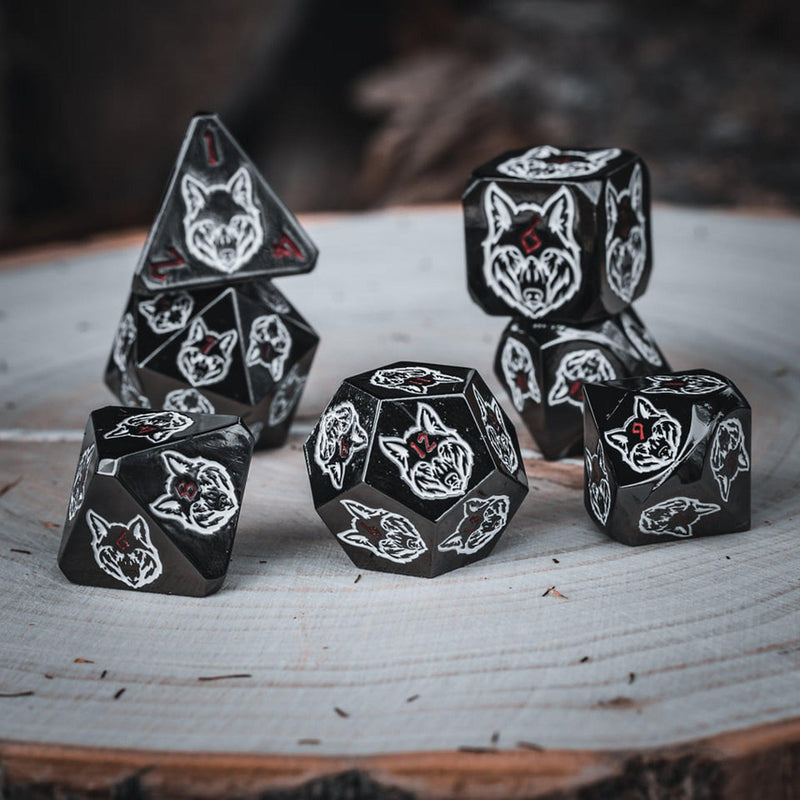 Load image into Gallery viewer, Wolves&#39; Den White, Red, and Black Metal Dice Set
