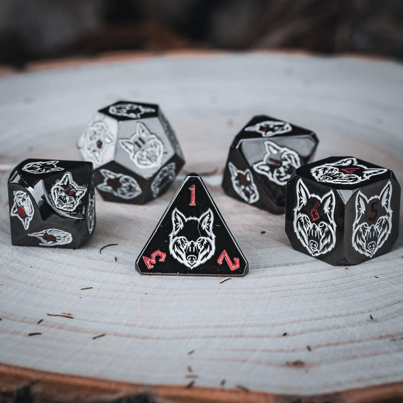 Load image into Gallery viewer, Wolves&#39; Den White, Red, and Black Metal Dice Set
