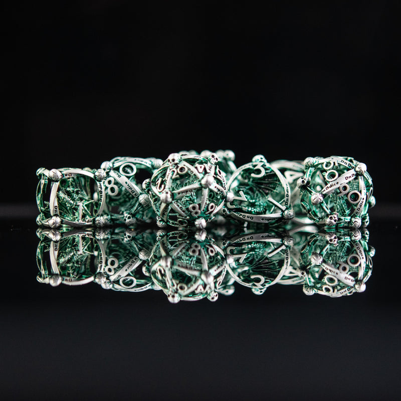 Load image into Gallery viewer, Draco Immortui Hollow Metal Dice Set - Green and Silver
