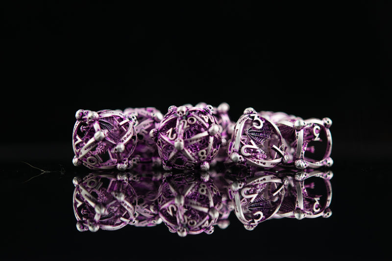 Load image into Gallery viewer, Draco Immortui Hollow Metal Dice Set - Purple and Silver
