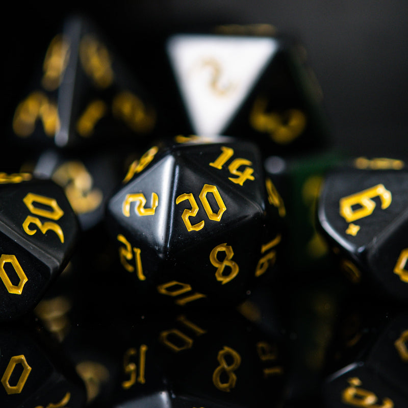 Load image into Gallery viewer, Dark Cathedral Yellow Acrylic Dice Set
