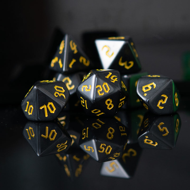 Load image into Gallery viewer, Dark Cathedral Yellow Acrylic Dice Set
