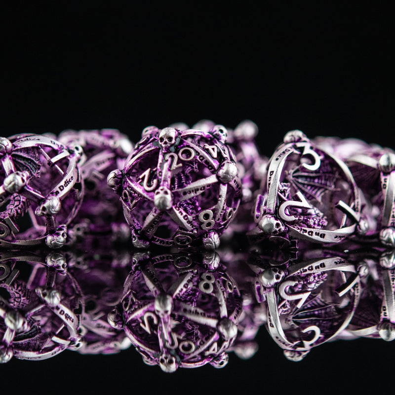 Load image into Gallery viewer, Draco Immortui Hollow Metal Dice Set - Purple and Silver

