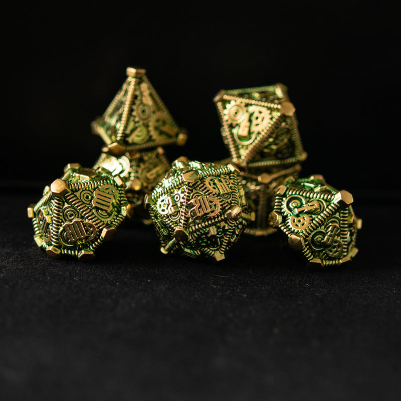 Load image into Gallery viewer, Green and Gold - Weird West Wasteland Metal Dice Set
