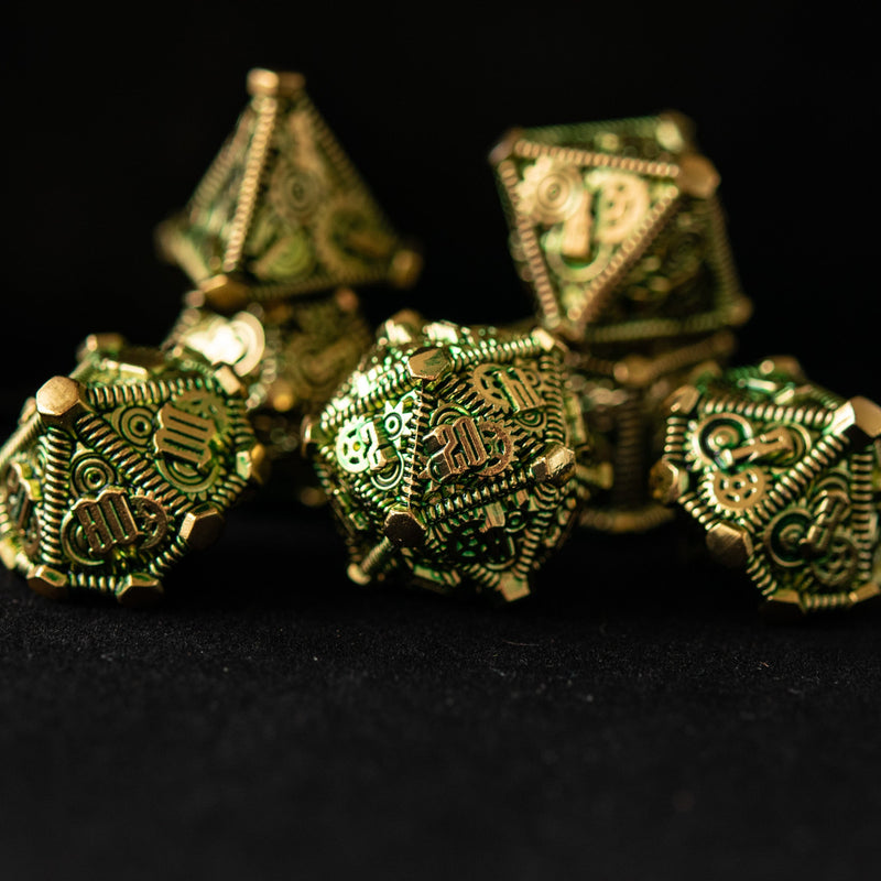 Load image into Gallery viewer, Green and Gold - Weird West Wasteland Metal Dice Set
