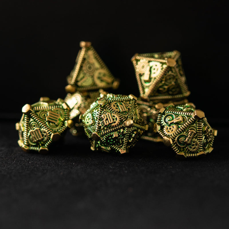 Load image into Gallery viewer, Green and Gold - Weird West Wasteland Metal Dice Set
