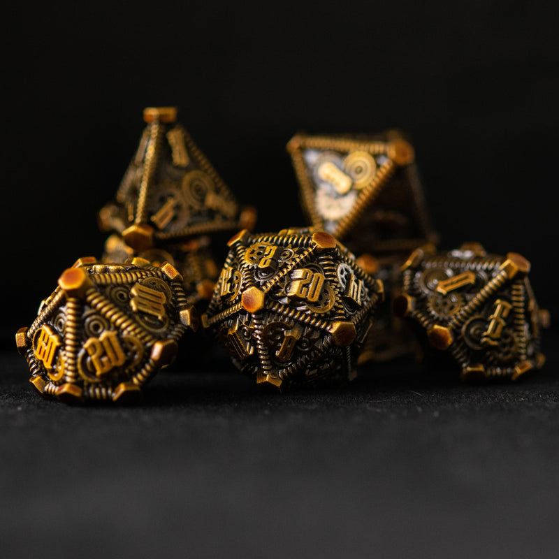 Load image into Gallery viewer, Rustic Brass - Weird West Wasteland Metal Dice Set
