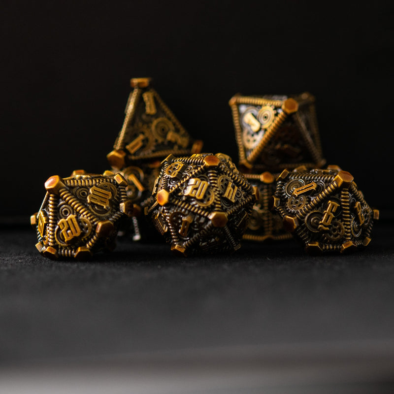 Load image into Gallery viewer, Rustic Brass - Weird West Wasteland Metal Dice Set
