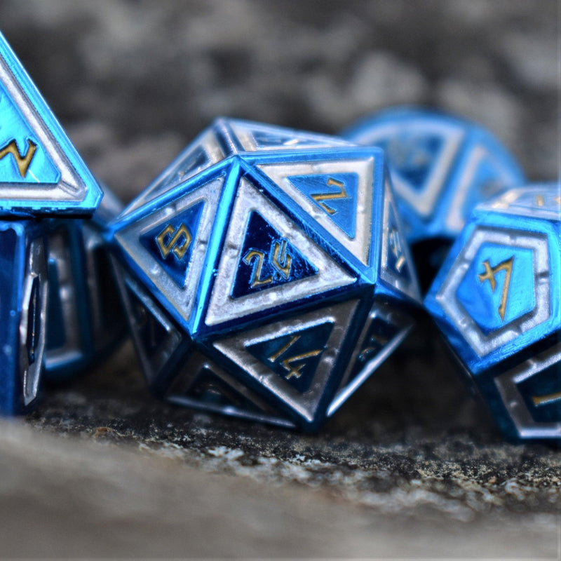 Load image into Gallery viewer, Cleric&#39;s Domain Blue And White Metal Dice Set
