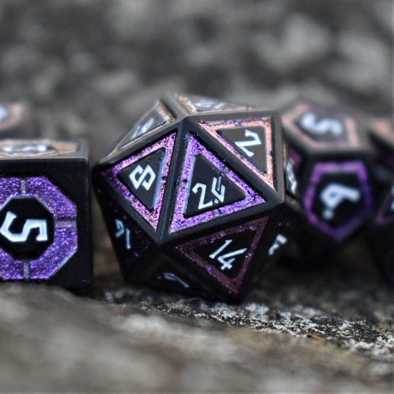 Load image into Gallery viewer, Cleric&#39;s Shadow Domain Purple And Matte Black Metal Dice Set
