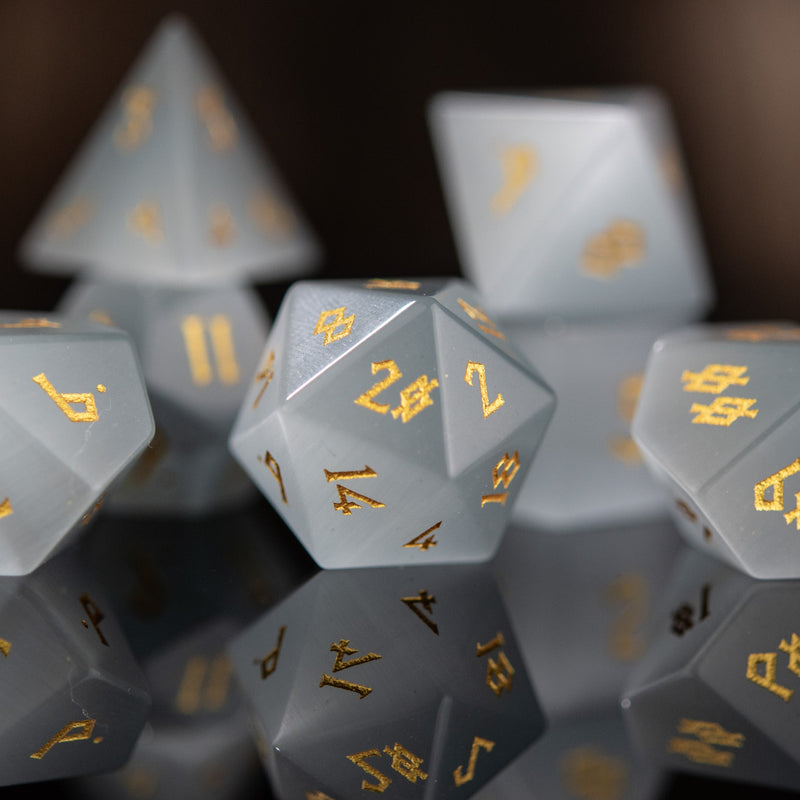 Load image into Gallery viewer, White Cat&#39;s Eye Stone Dice Set
