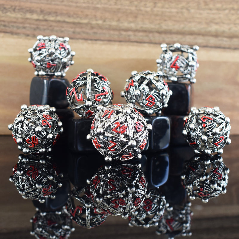 Load image into Gallery viewer, Orb of the Dragon Hollow Metal Dice Set - Silver and Red
