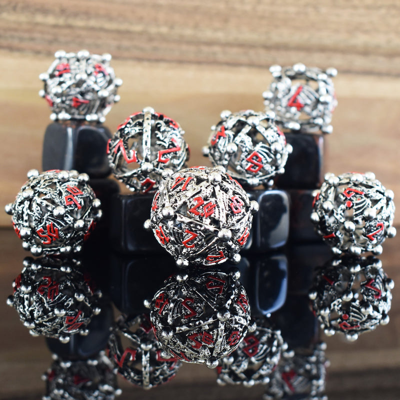 Load image into Gallery viewer, Orb of the Dragon Hollow Metal Dice Set - Silver and Red
