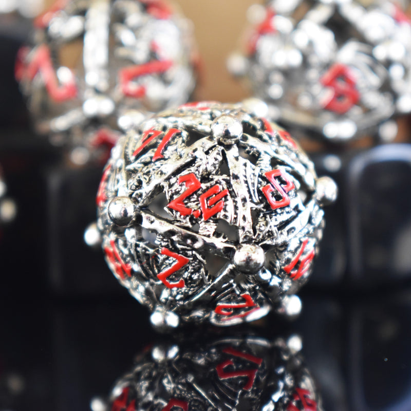 Load image into Gallery viewer, Orb of the Dragon Hollow Metal Dice Set - Silver and Red
