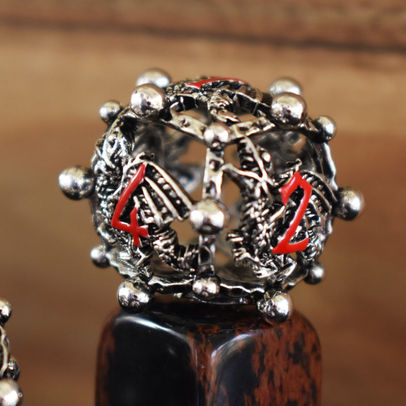 Load image into Gallery viewer, Orb of the Dragon Hollow Metal Dice Set - Silver and Red
