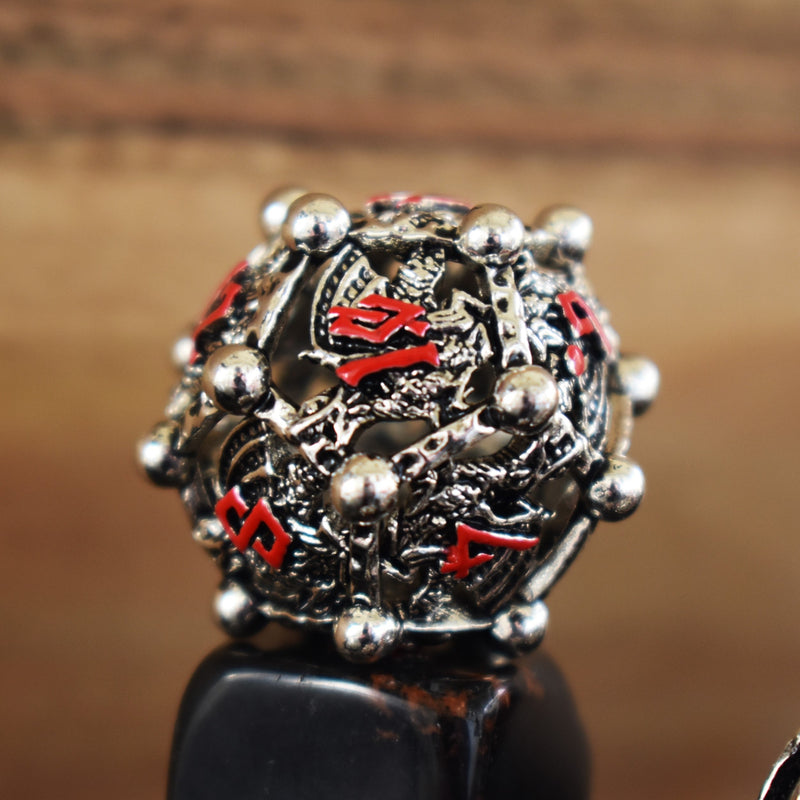 Load image into Gallery viewer, Orb of the Dragon Hollow Metal Dice Set - Silver and Red
