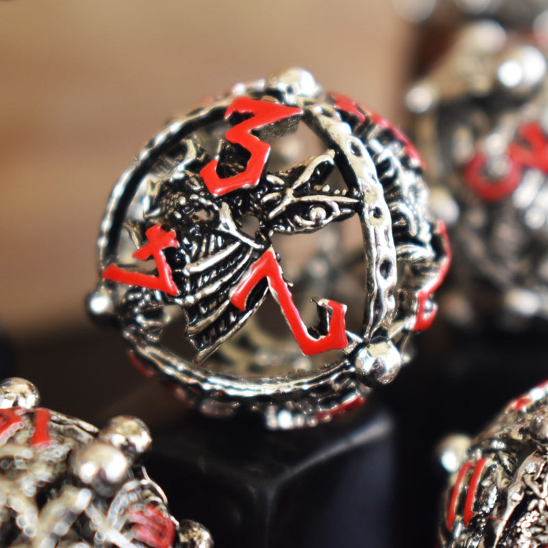 Load image into Gallery viewer, Orb of the Dragon Hollow Metal Dice Set - Silver and Red
