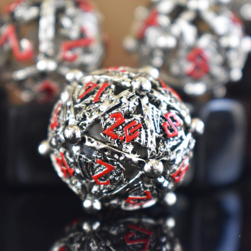 Load image into Gallery viewer, Orb of the Dragon Hollow Metal Dice Set - Silver and Red
