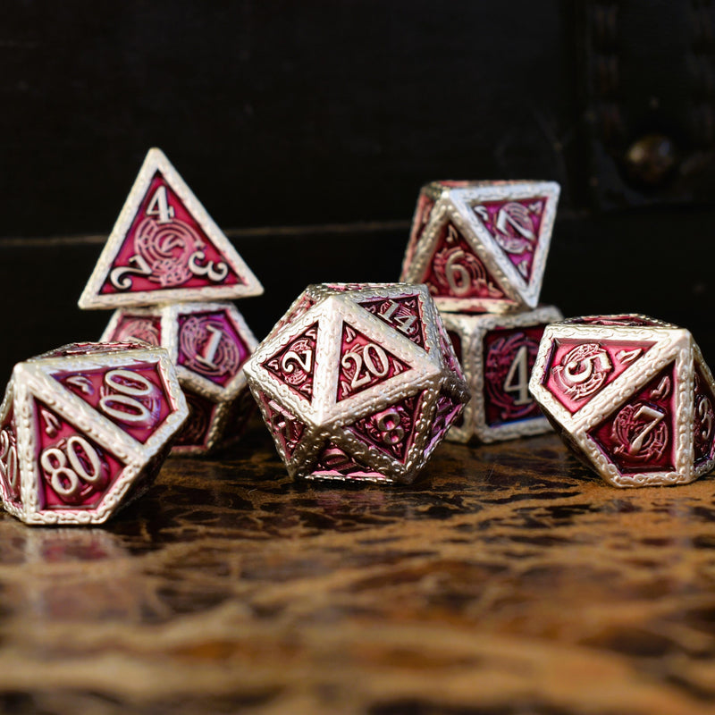 Load image into Gallery viewer, Ballad of the Bard Fuchsia and Silver Metal Dice Set
