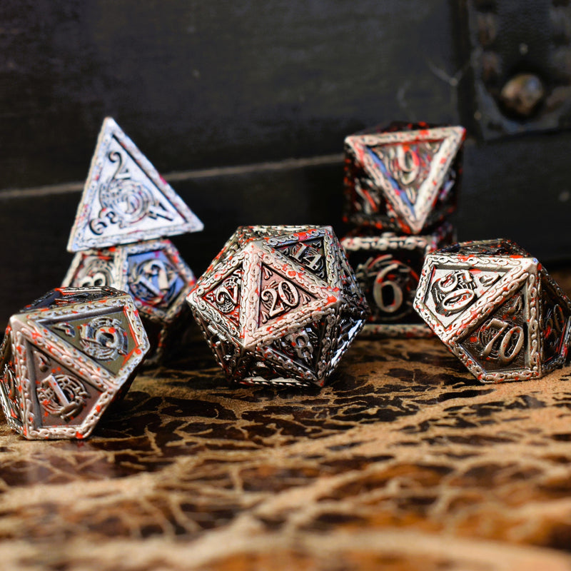 Load image into Gallery viewer, Ballad of the Bard Bloodstained Silver Metal Dice Set

