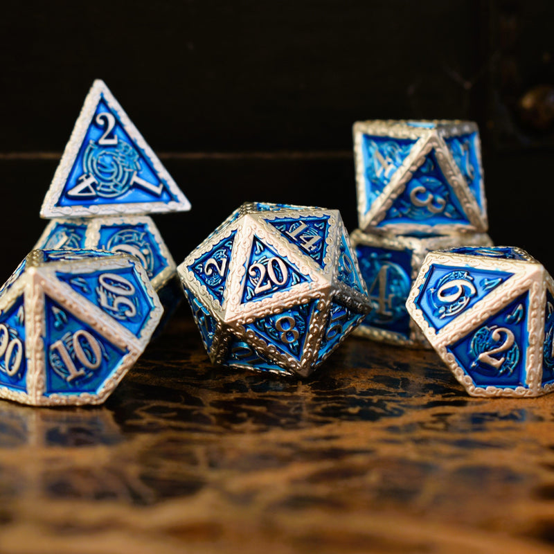 Load image into Gallery viewer, Ballad of the Bard Blue and Silver Metal Dice Set
