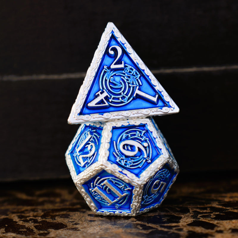 Load image into Gallery viewer, Ballad of the Bard Blue and Silver Metal Dice Set
