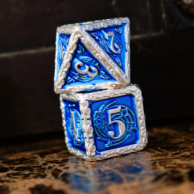 Load image into Gallery viewer, Ballad of the Bard Blue and Silver Metal Dice Set

