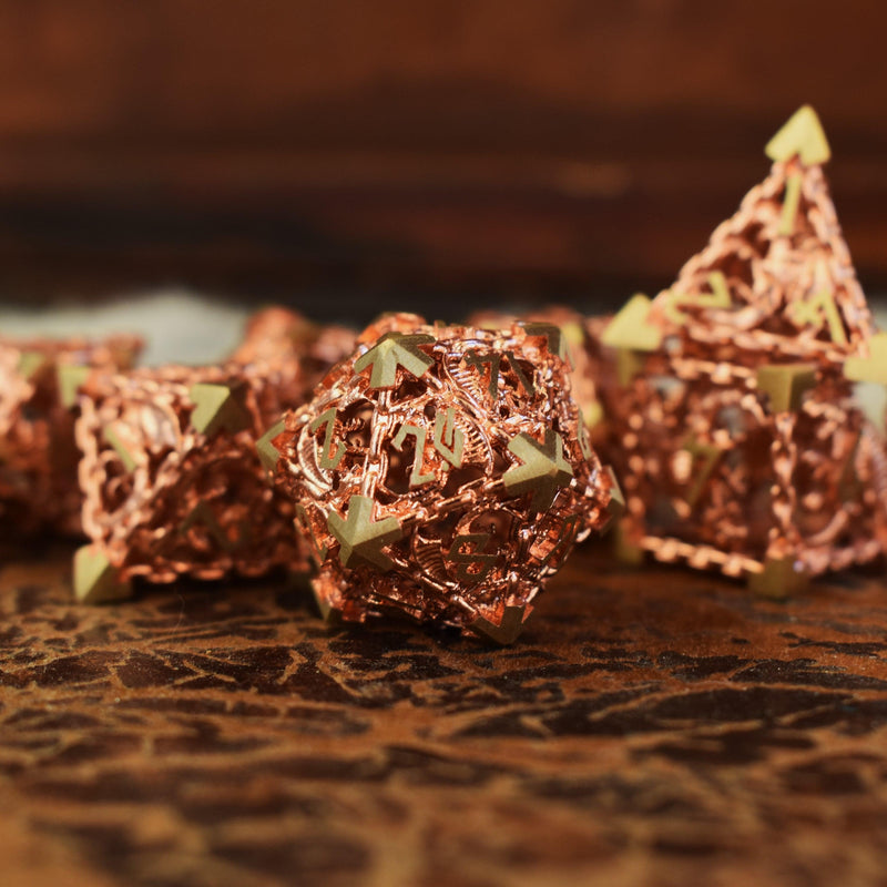 Load image into Gallery viewer, Dragon&#39;s Lair Hollow Metal Dice Set - Copper
