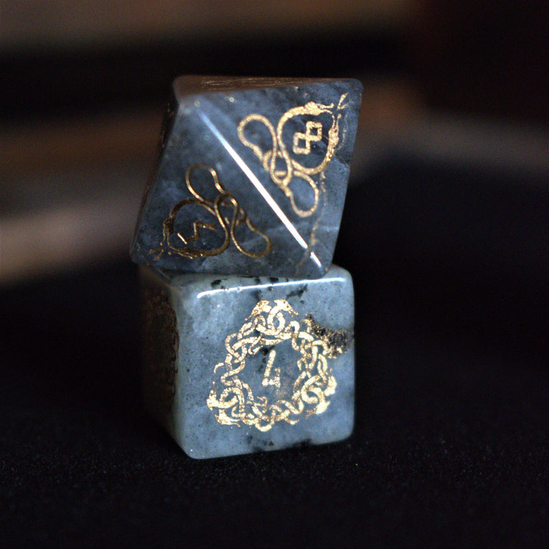 Load image into Gallery viewer, Serpent of Midgard Labradorite &quot;Moonstone&quot; Dice Set
