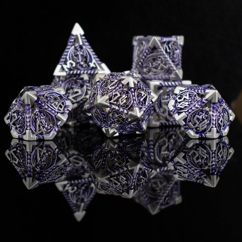 Load image into Gallery viewer, Dragonguard Hollow Metal Dice Set - Purple and Silver
