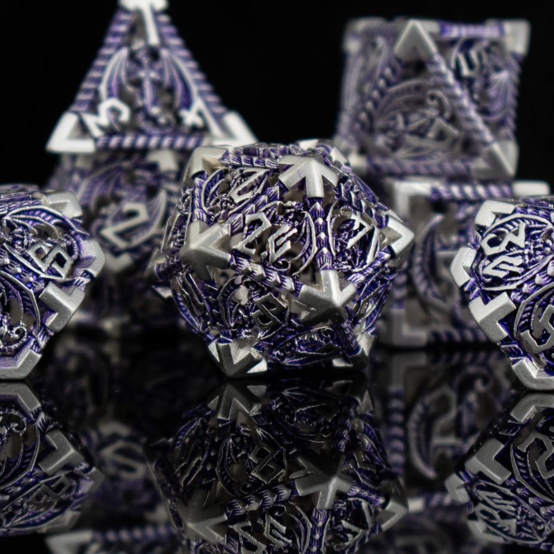 Load image into Gallery viewer, Dragonguard Hollow Metal Dice Set - Purple and Silver
