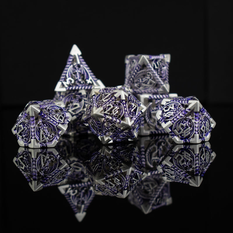 Load image into Gallery viewer, Dragonguard Hollow Metal Dice Set - Purple and Silver
