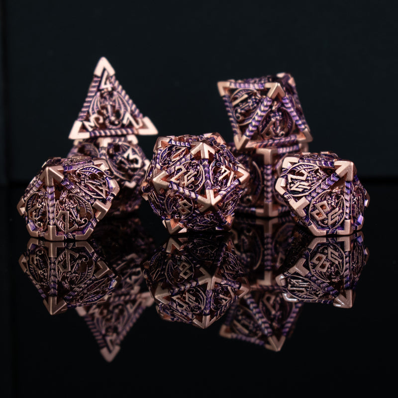 Load image into Gallery viewer, Dragonguard Hollow Metal Dice Set - Purple and Bronze
