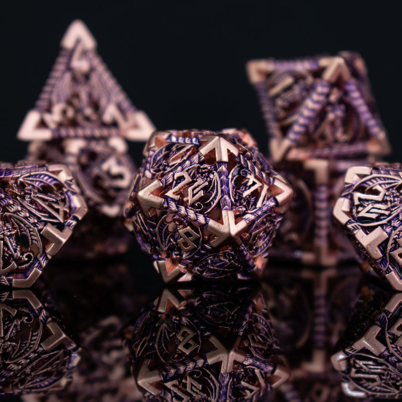 Load image into Gallery viewer, Dragonguard Hollow Metal Dice Set - Purple and Bronze
