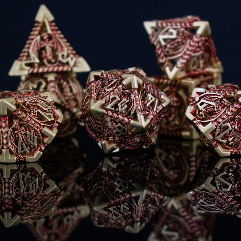 Load image into Gallery viewer, Dragonguard Hollow Metal Dice Set - Crimson and Gold
