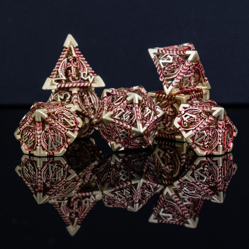Load image into Gallery viewer, Dragonguard Hollow Metal Dice Set - Crimson and Gold
