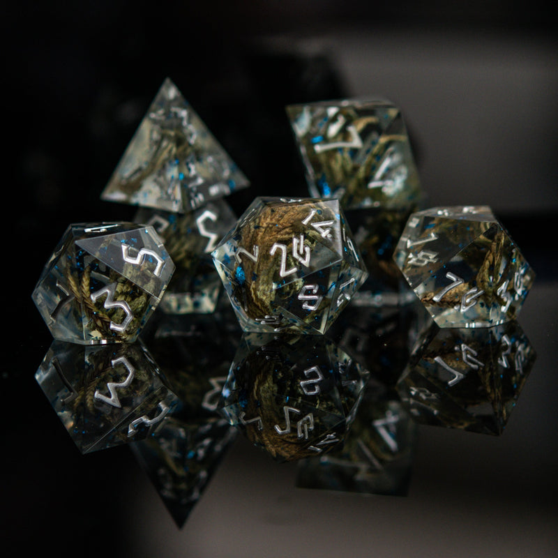 Load image into Gallery viewer, Enchanted Lake Silver Sharp-Edged Resin Dice Set
