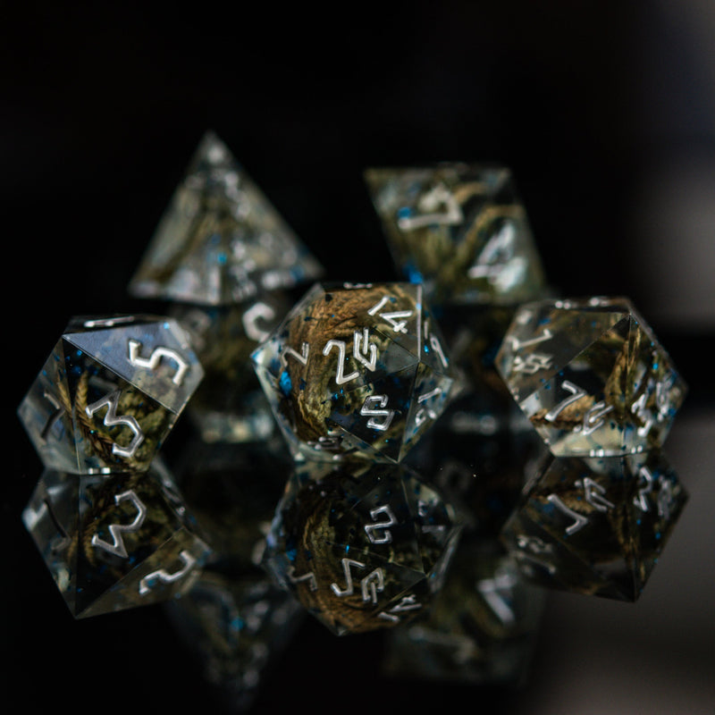 Load image into Gallery viewer, Enchanted Lake Silver Sharp-Edged Resin Dice Set
