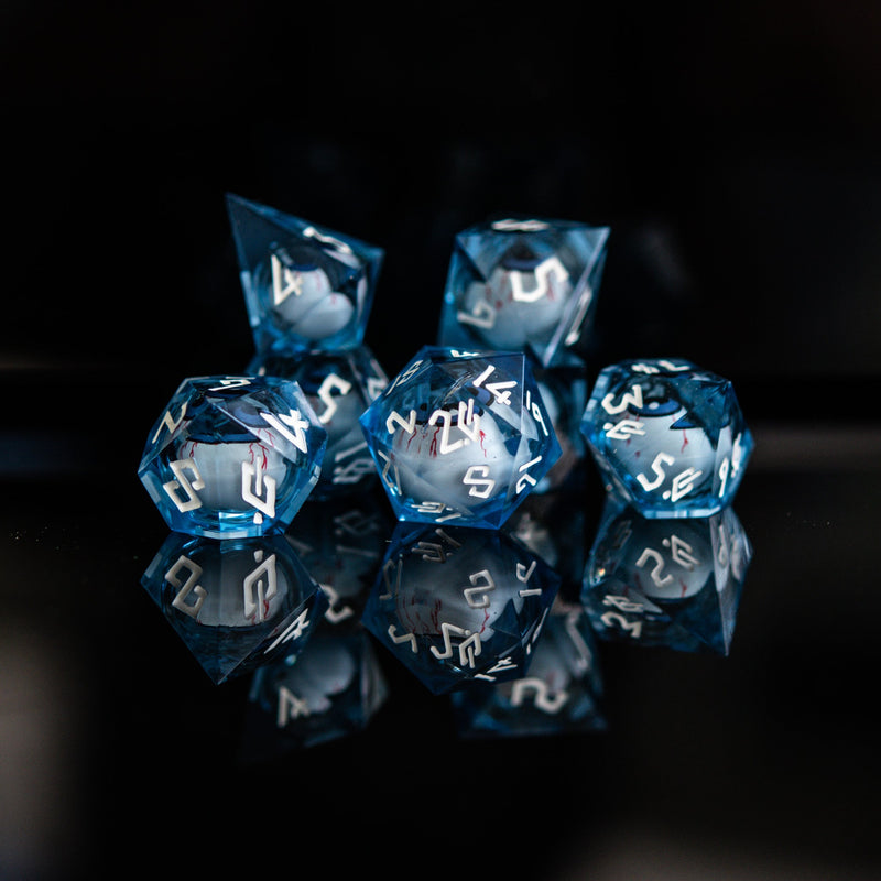 Load image into Gallery viewer, The Watcher: Blue-Eyed Liquid Core Dice Set
