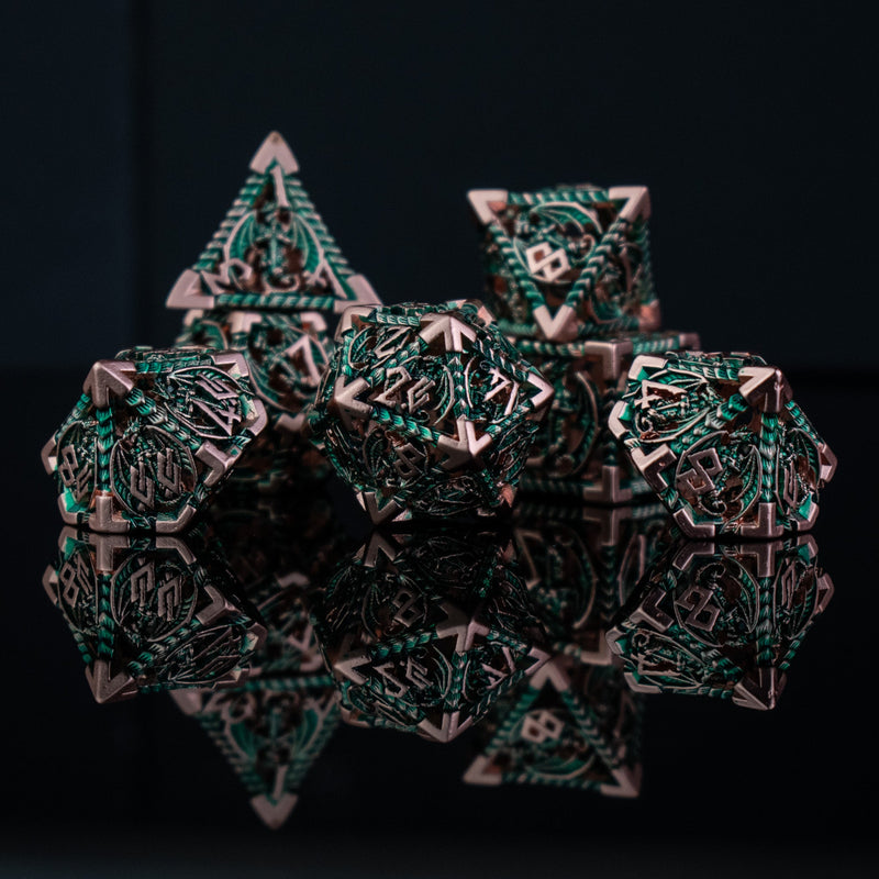Load image into Gallery viewer, Dragonguard Hollow Metal Dice Set - Emerald and Bronze
