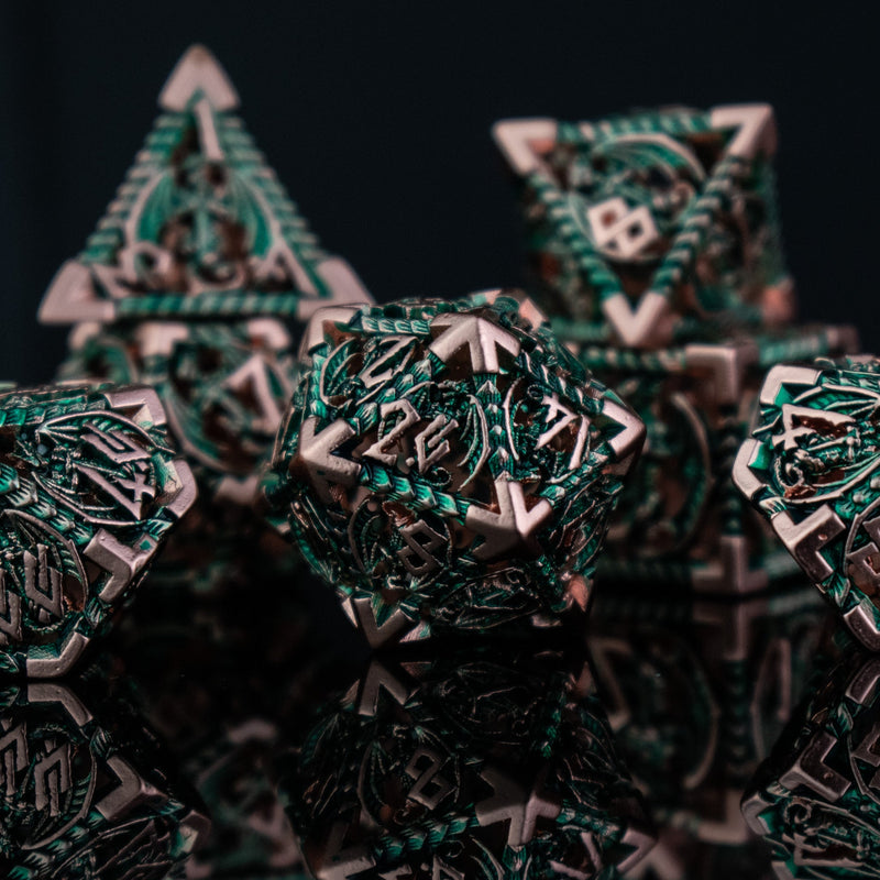 Load image into Gallery viewer, Dragonguard Hollow Metal Dice Set - Emerald and Bronze
