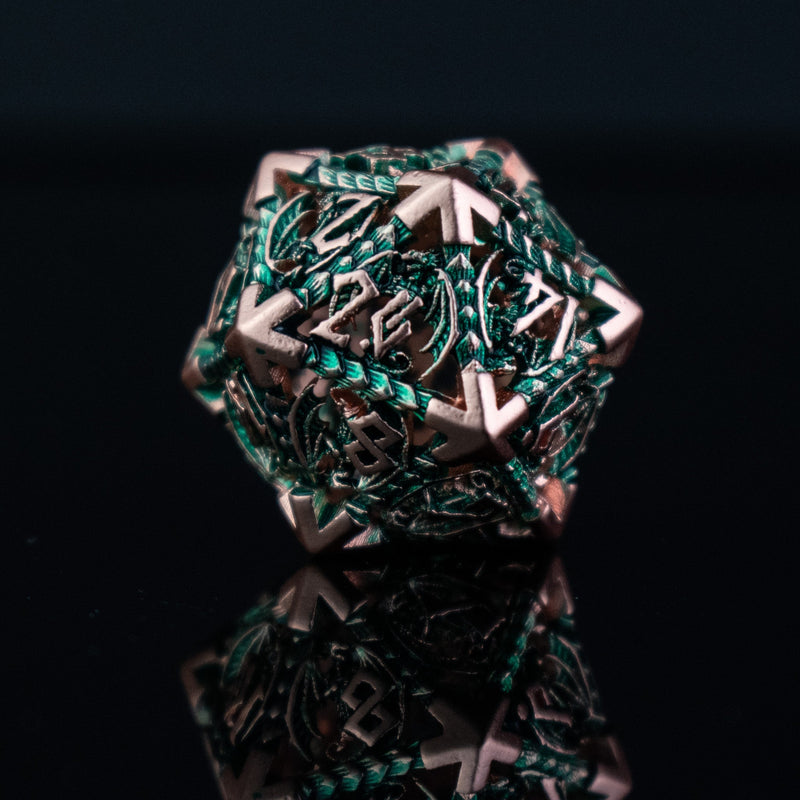 Load image into Gallery viewer, Dragonguard Hollow Metal Dice Set - Emerald and Bronze
