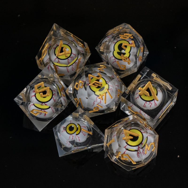 Load image into Gallery viewer, The Watcher: Yellow-Eyed Liquid Core Dice Set
